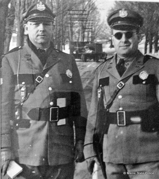 Jan. 1945-Troopers Forrest McIver and Ken Twitchell man a checkpoint in Farmington, ME.